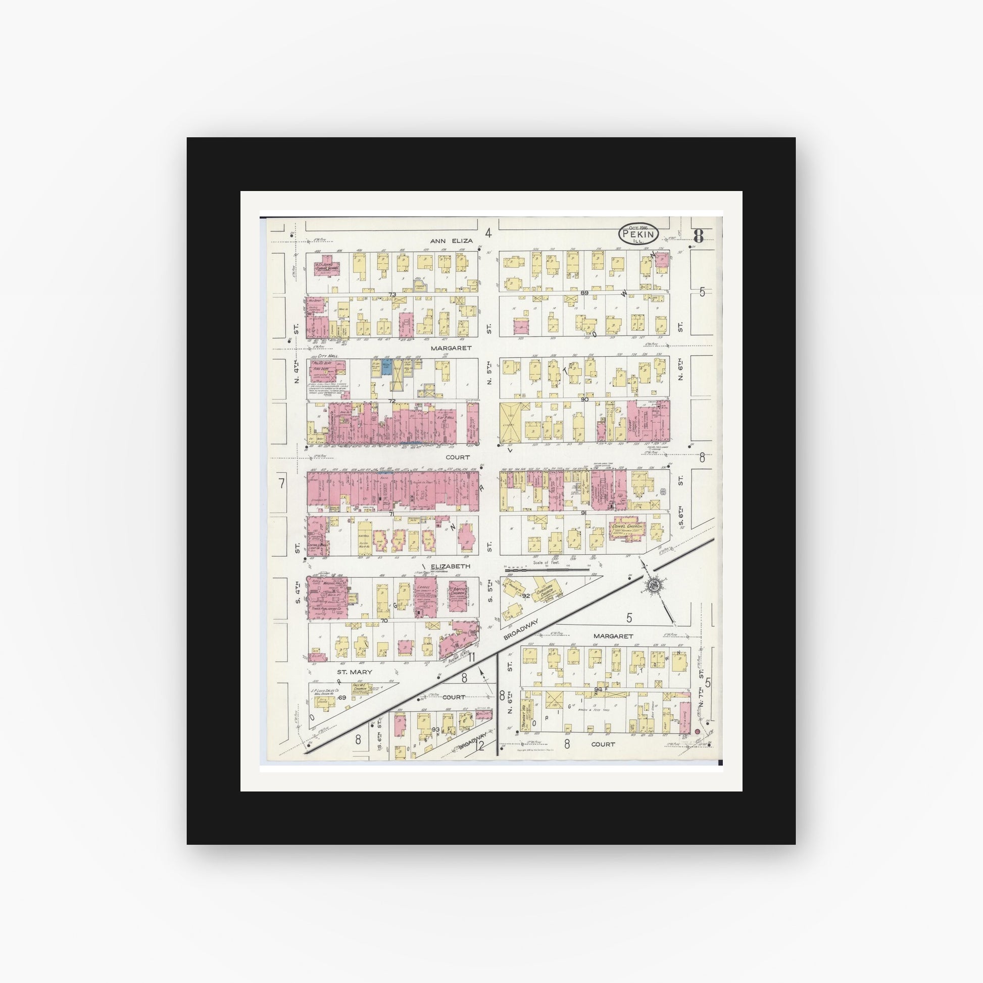 Old map wall art mockup — black gallery frame with white mat — Sanborn Fire Insurance Map from Pekin, Tazewell County, Illinois (1916), Sheet #0008