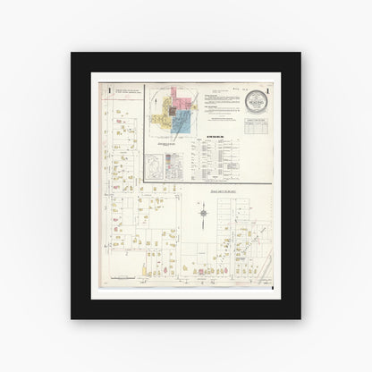 Old map wall art mockup — black gallery frame with white mat — Sanborn Fire Insurance Map from Reading, Hillsdale County, Michigan (1938), Sheet #0001