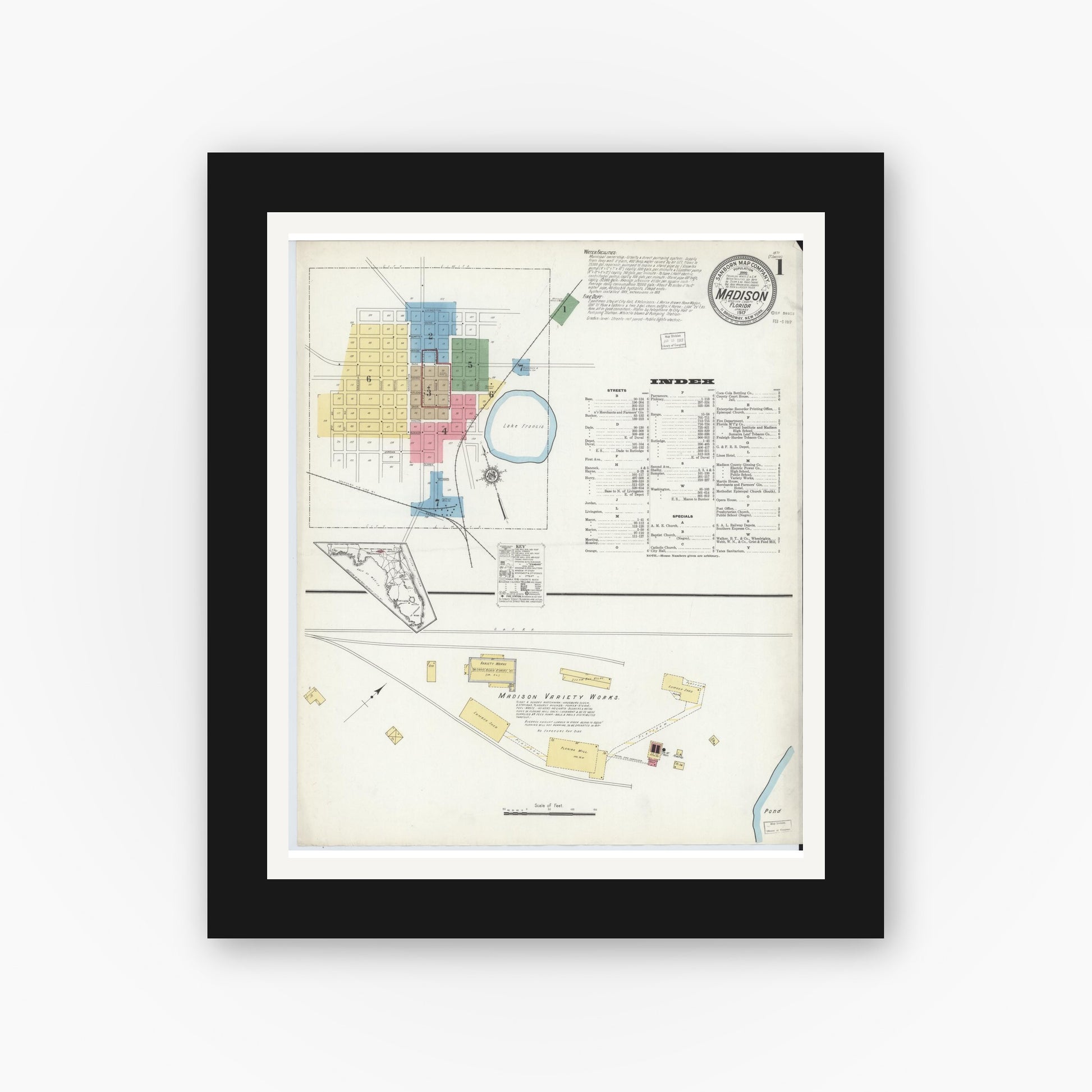 Old map wall art mockup — black gallery frame with white mat — Sanborn Fire Insurance Map from Madison, Madison County, Florida (1917) - Complete Map Set