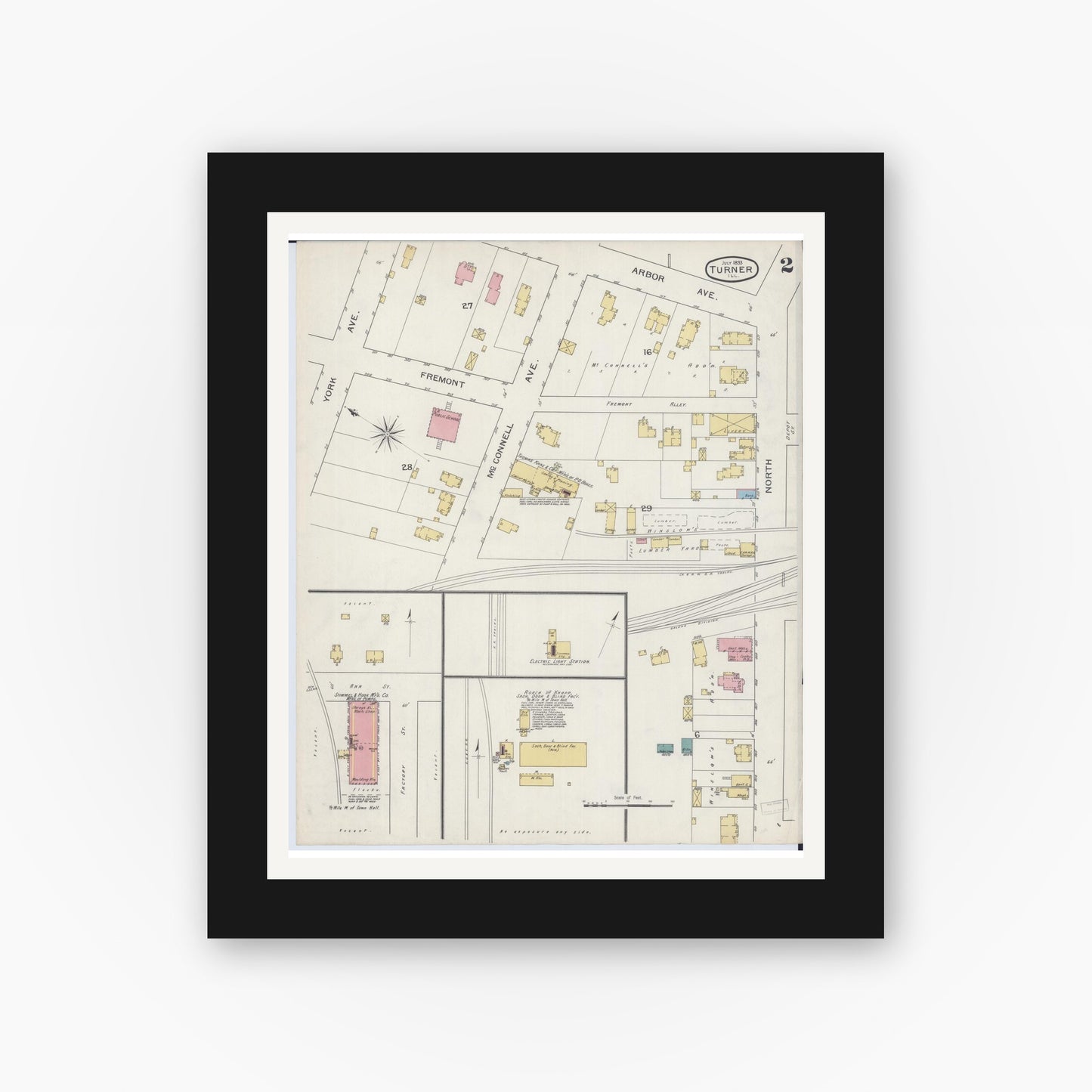Old map wall art mockup — black gallery frame with white mat — Sanborn Fire Insurance Map from Turner, Du Page County, Illinois (1893), Sheet #0002