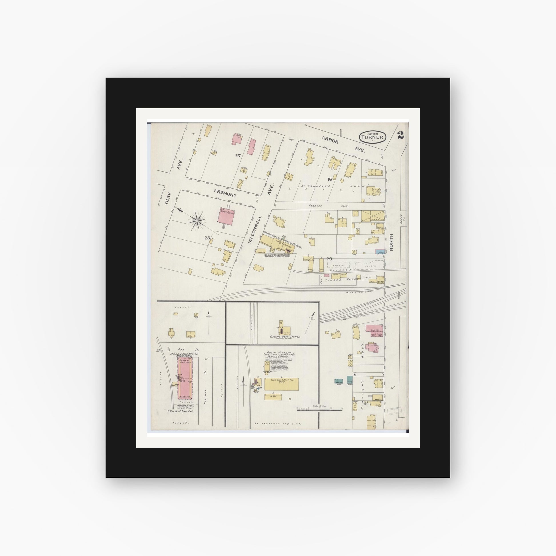 Old map wall art mockup — black gallery frame with white mat — Sanborn Fire Insurance Map from Turner, Du Page County, Illinois (1893), Sheet #0002