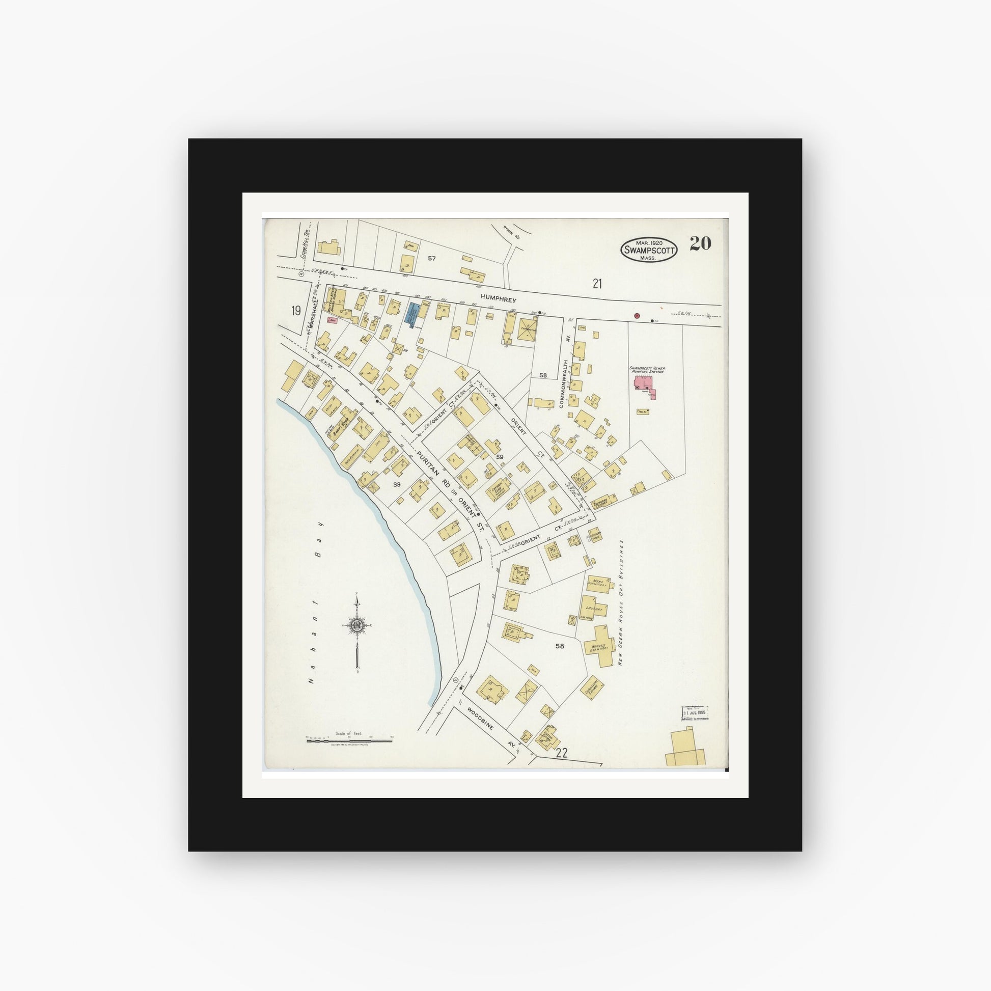 Old map wall art mockup — black gallery frame with white mat — Sanborn Fire Insurance Map from Swampscott, Essex County, Massachusetts (1920), Sheet #0020