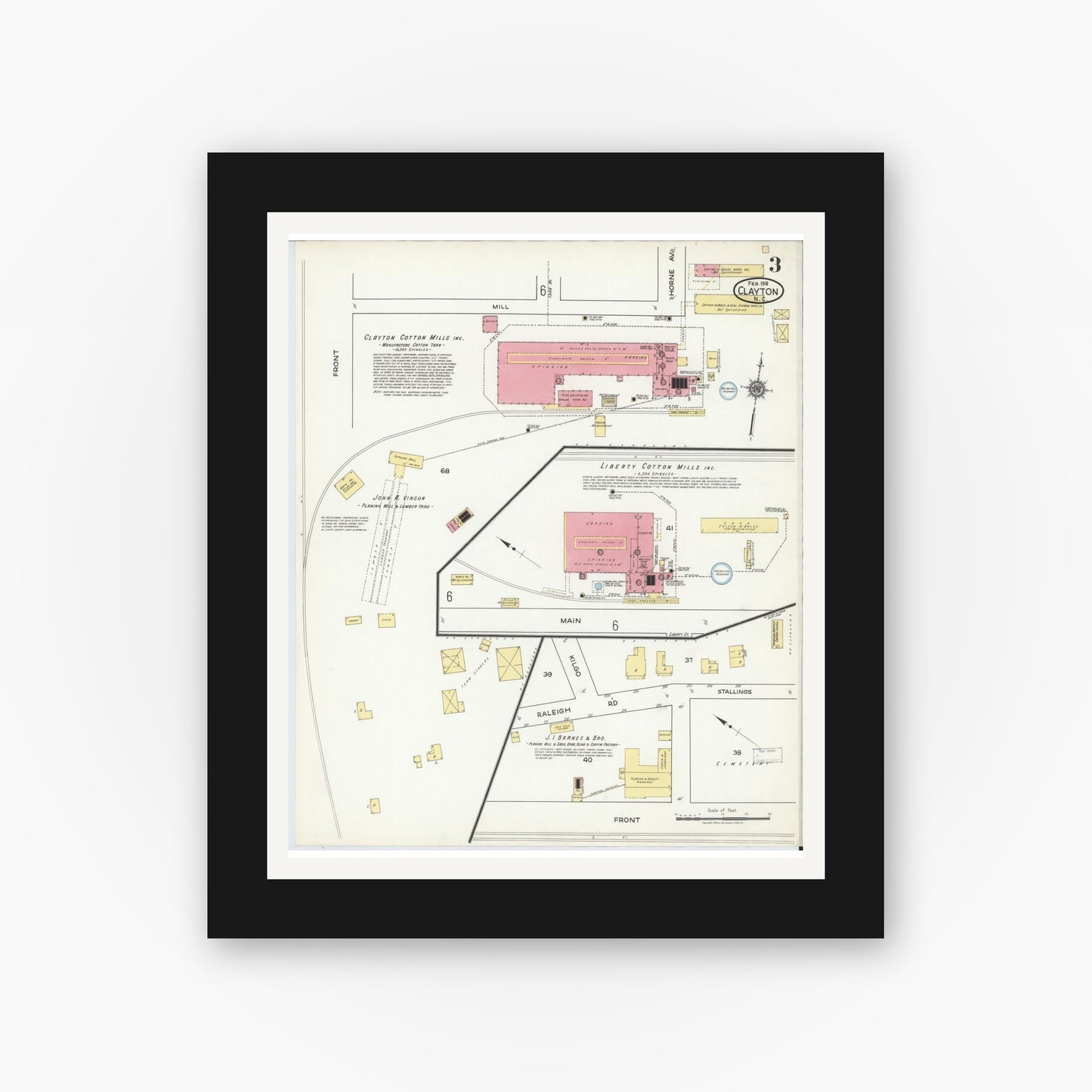 Old map wall art mockup — black gallery frame with white mat — Sanborn Fire Insurance Map from Clayton, Johnston County, North Carolina (1918), Sheet #0003