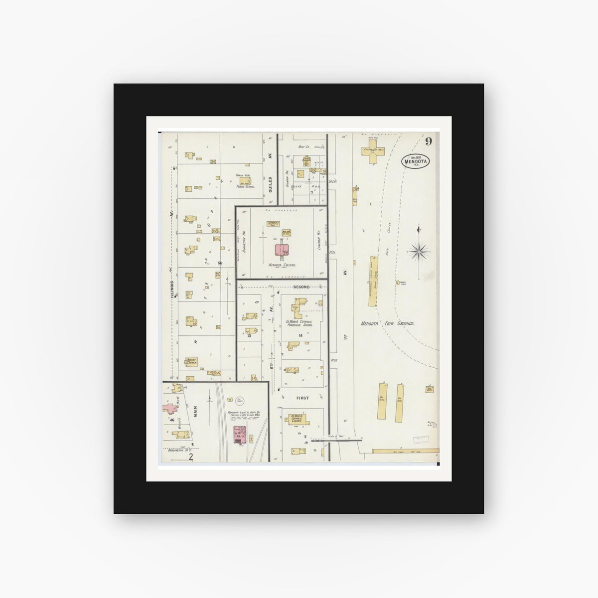 Old map wall art mockup — black gallery frame with white mat — Sanborn Fire Insurance Map from Mendota, La Salle County, Illinois (1897), Sheet #0009