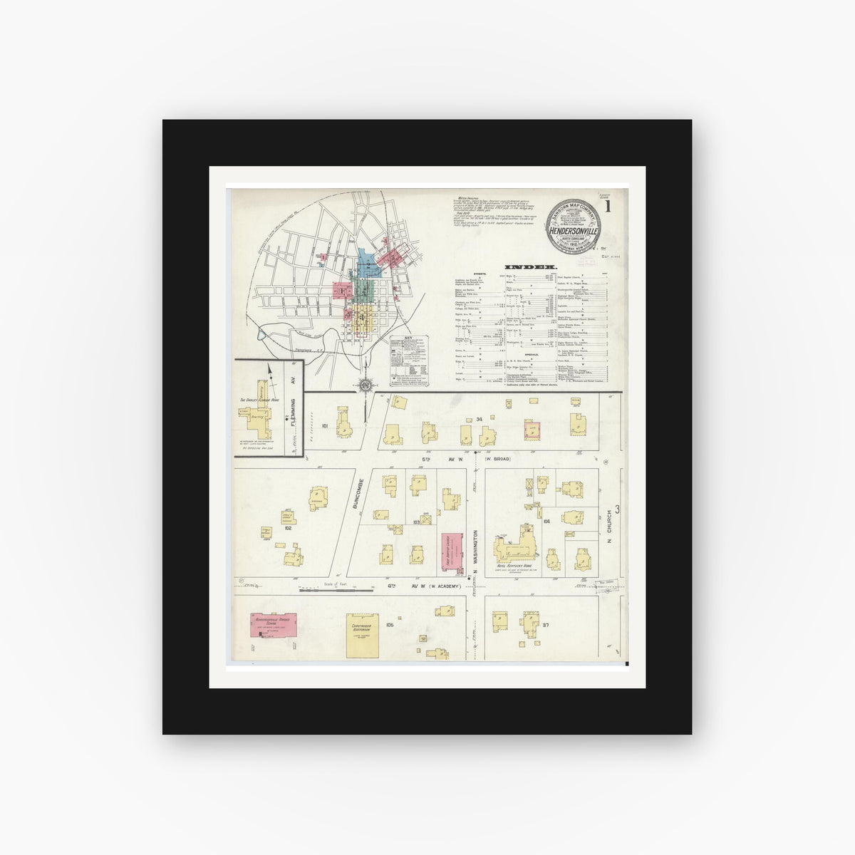 Old map wall art mockup — black gallery frame with white mat — Sanborn Fire Insurance Map from Hendersonville, Henderson County, North Carolina (1912) - Complete Map Set