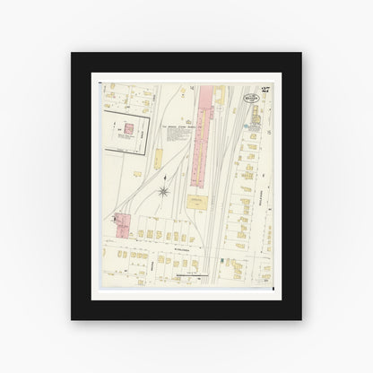 Old map wall art mockup — black gallery frame with white mat — Sanborn Fire Insurance Map from Marion, Marion County, Ohio (1908), Sheet #0027
