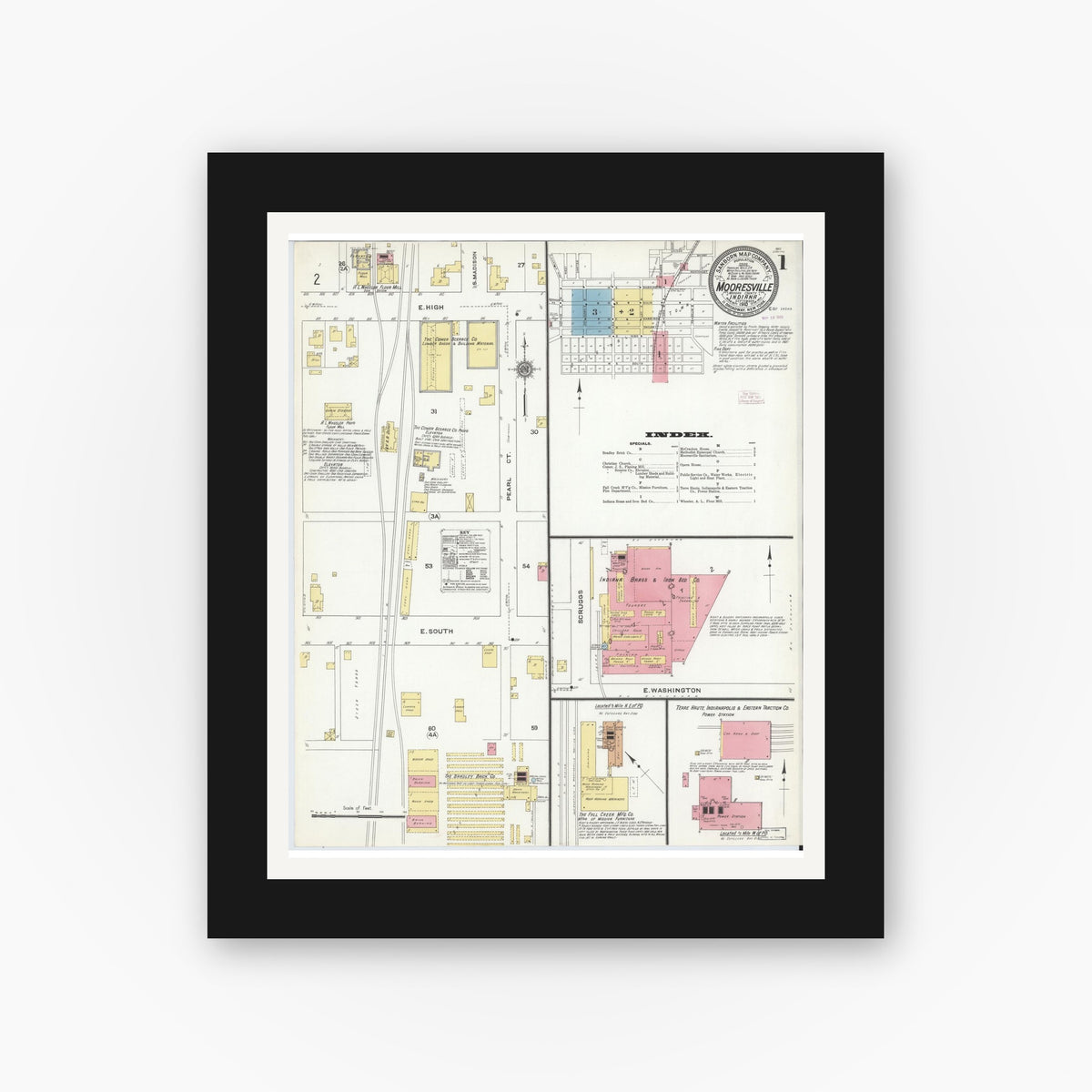 Old map wall art mockup — black gallery frame with white mat — Sanborn Fire Insurance Map from Mooresville, Morgan County, Indiana (1910), Sheet #0001