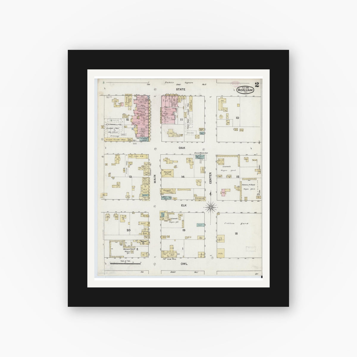 Old map wall art mockup — black gallery frame with white mat — Sanborn Fire Insurance Map from Bonham, Fannin County, Texas (1888), Sheet #0002