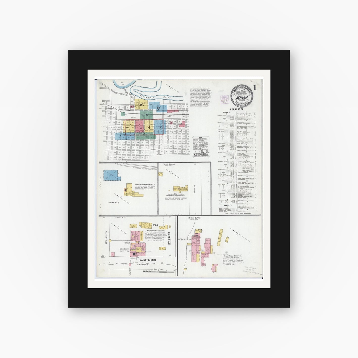 Old map wall art mockup — black gallery frame with white mat — Sanborn Fire Insurance Map from New Ulm, Brown County, Minnesota (1905), Sheet #0001