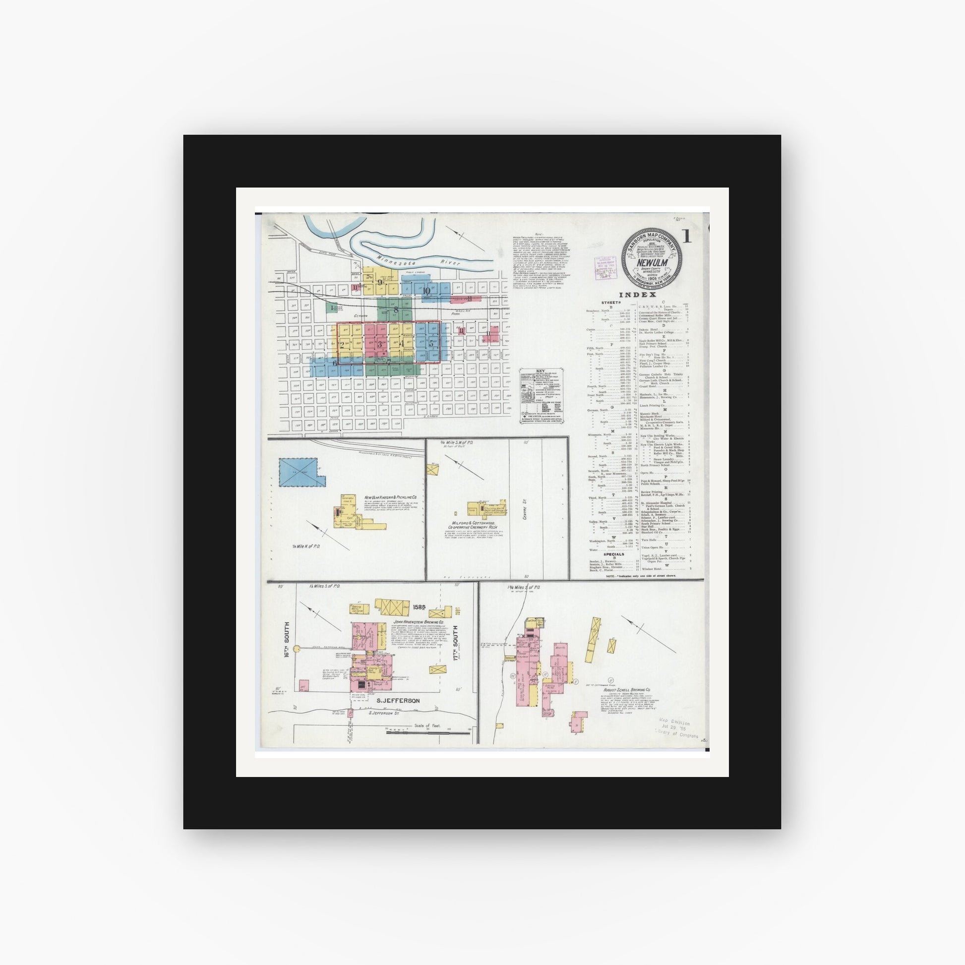 Old map wall art mockup — black gallery frame with white mat — Sanborn Fire Insurance Map from New Ulm, Brown County, Minnesota (1905), Sheet #0001