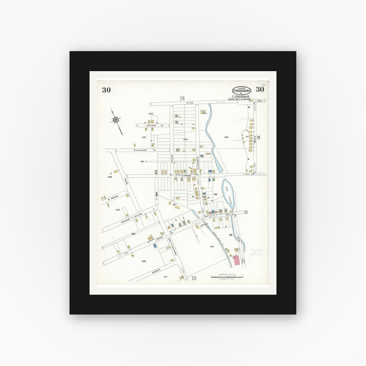 Old map wall art mockup — black gallery frame with white mat — Sanborn Fire Insurance Map from Stroudsburg, Monroe County, Pennsylvania (1923), Sheet #0030