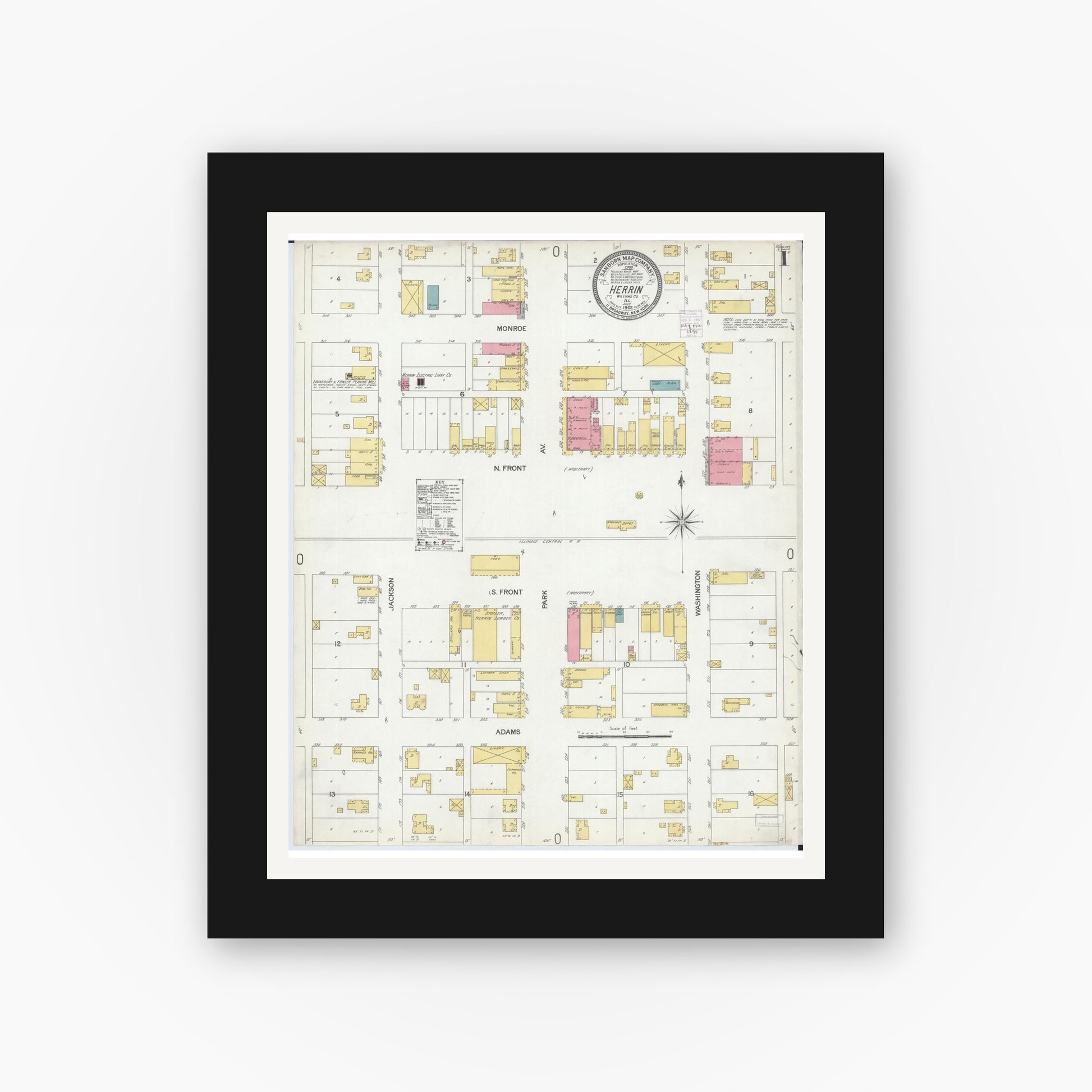 Old map wall art mockup — black gallery frame with white mat — Sanborn Fire Insurance Map from Herrin, Williamson County, Illinois (1902) - Complete Map Set