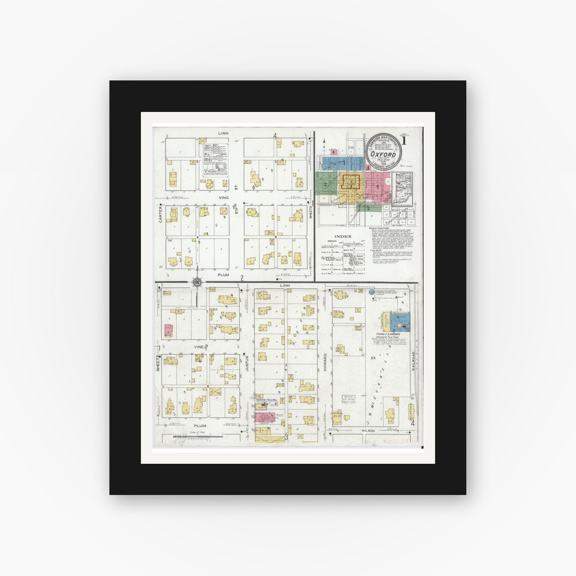 Old map wall art mockup — black gallery frame with white mat — Sanborn Fire Insurance Map from Oxford, Benton County, Indiana (1919) - Complete Map Set
