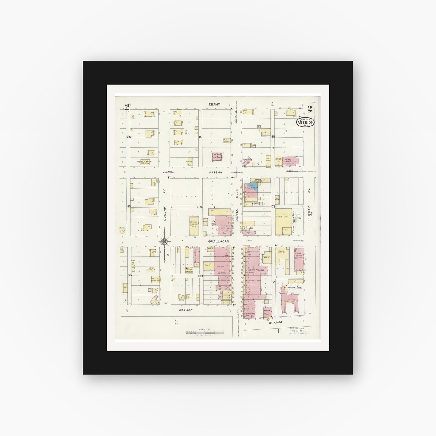 Old map wall art mockup — black gallery frame with white mat — Sanborn Fire Insurance Map from Mission, Hidalgo County, Texas (1925), Sheet #0002