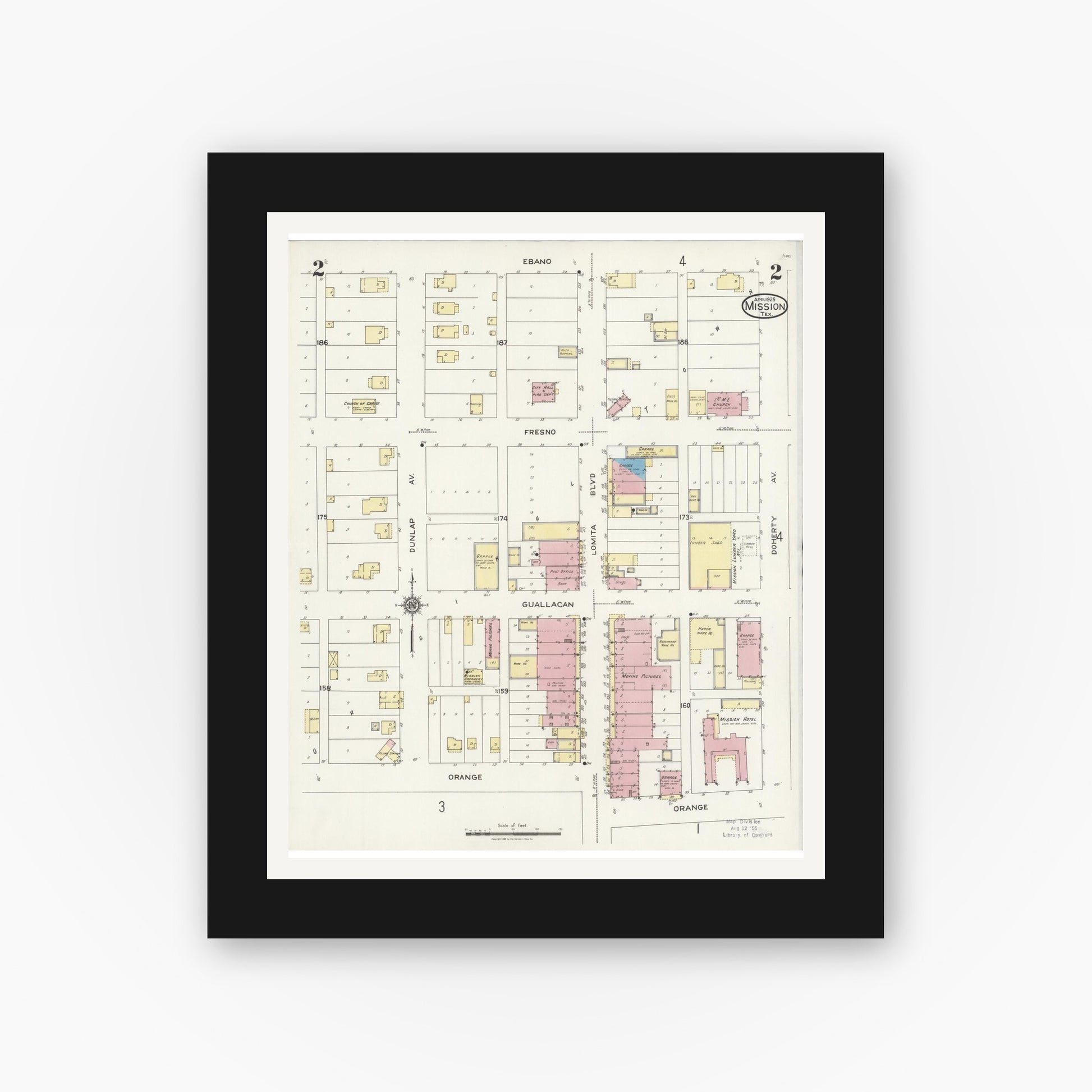 Old map wall art mockup — black gallery frame with white mat — Sanborn Fire Insurance Map from Mission, Hidalgo County, Texas (1925), Sheet #0002