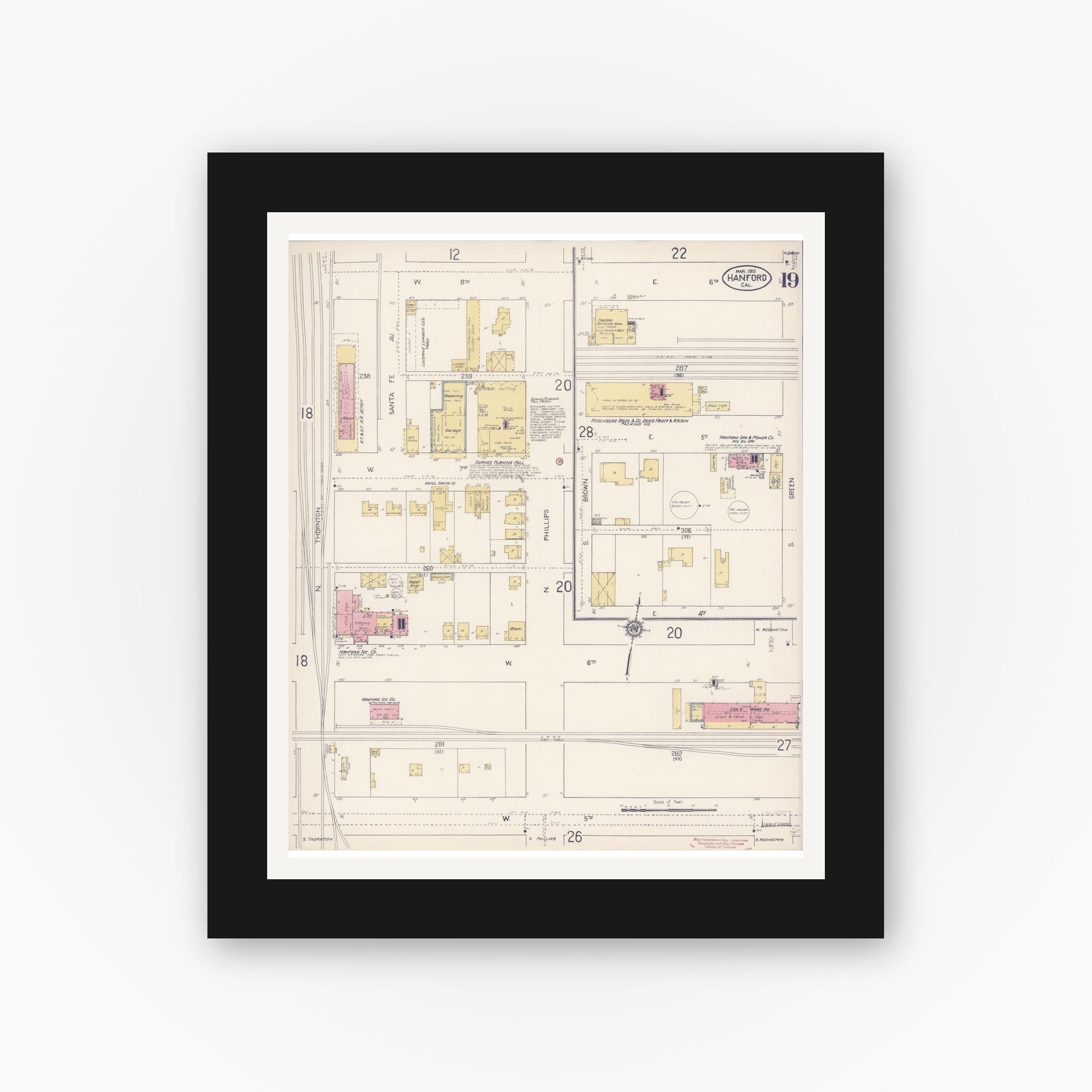 Old map wall art mockup — black gallery frame with white mat — Sanborn Fire Insurance Map from Hanford, Kings County, California (1913), Sheet #0019