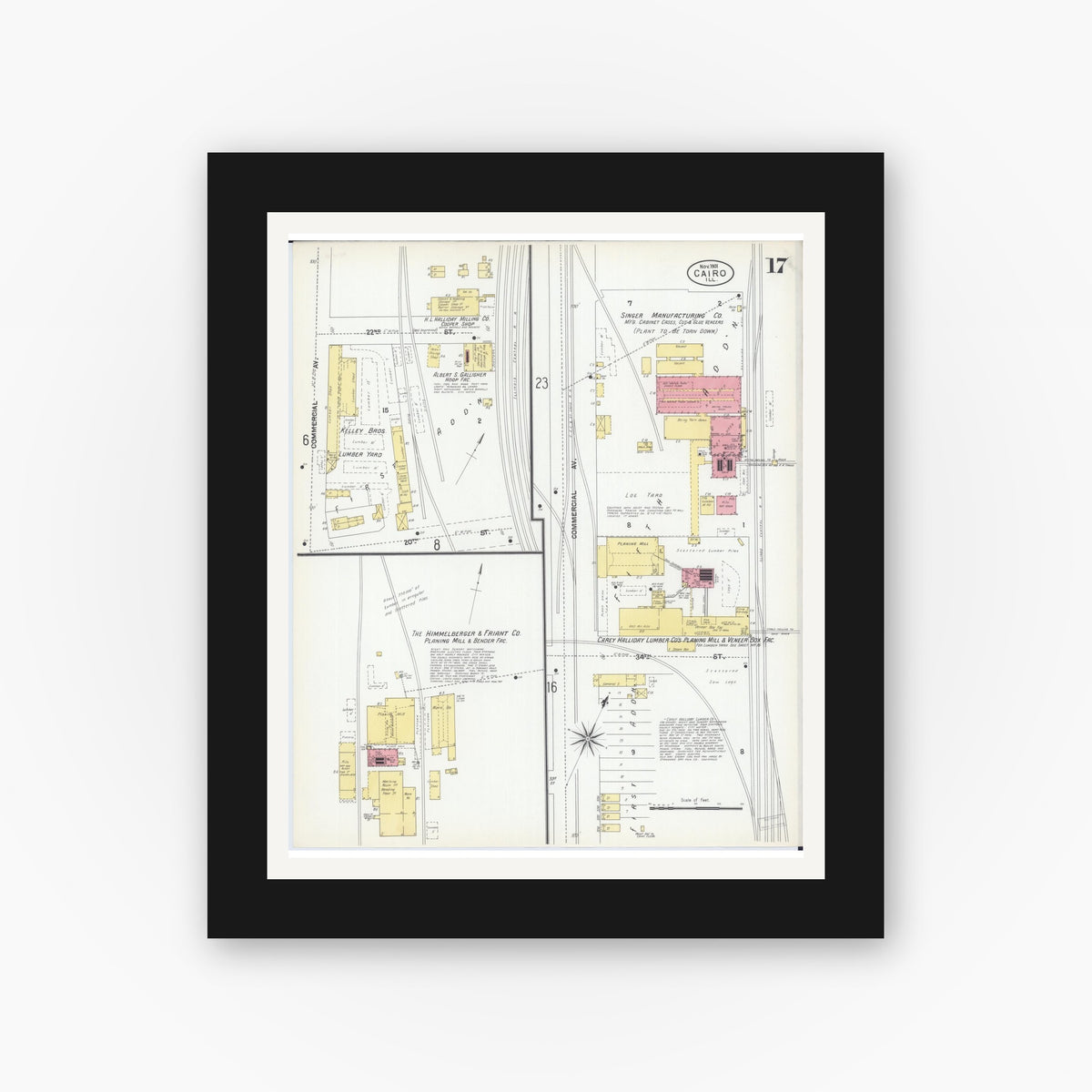 Old map wall art mockup — black gallery frame with white mat — Sanborn Fire Insurance Map from Cairo, Alexander County, Illinois (1901), Sheet #0017
