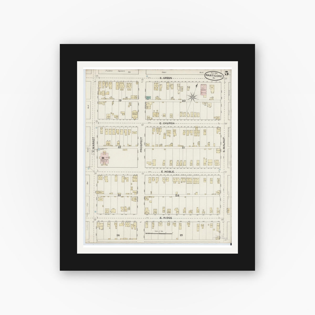 Old map wall art mockup — black gallery frame with white mat — Sanborn Fire Insurance Map from Nanticoke, Luzerne County, Pennsylvania (1888), Sheet #0005