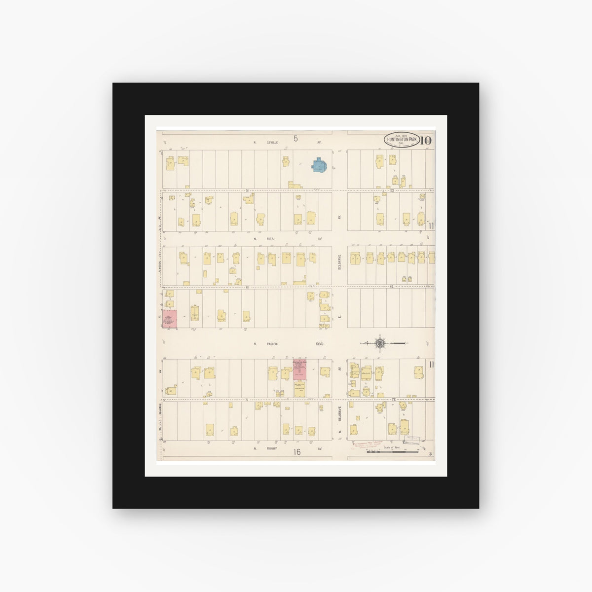Old map wall art mockup — black gallery frame with white mat — Sanborn Fire Insurance Map from Huntington Park, Los Angeles County, California (1916), Sheet #0010
