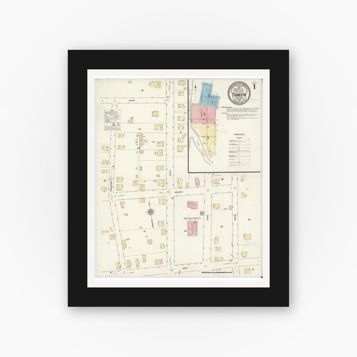Old map wall art mockup — black gallery frame with white mat — Sanborn Fire Insurance Map from Tionesta, Forest County, Pennsylvania (1912), Sheet #0001