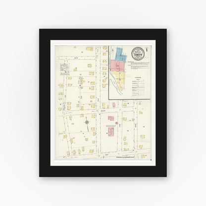 Old map wall art mockup — black gallery frame with white mat — Sanborn Fire Insurance Map from Tionesta, Forest County, Pennsylvania (1912), Sheet #0001