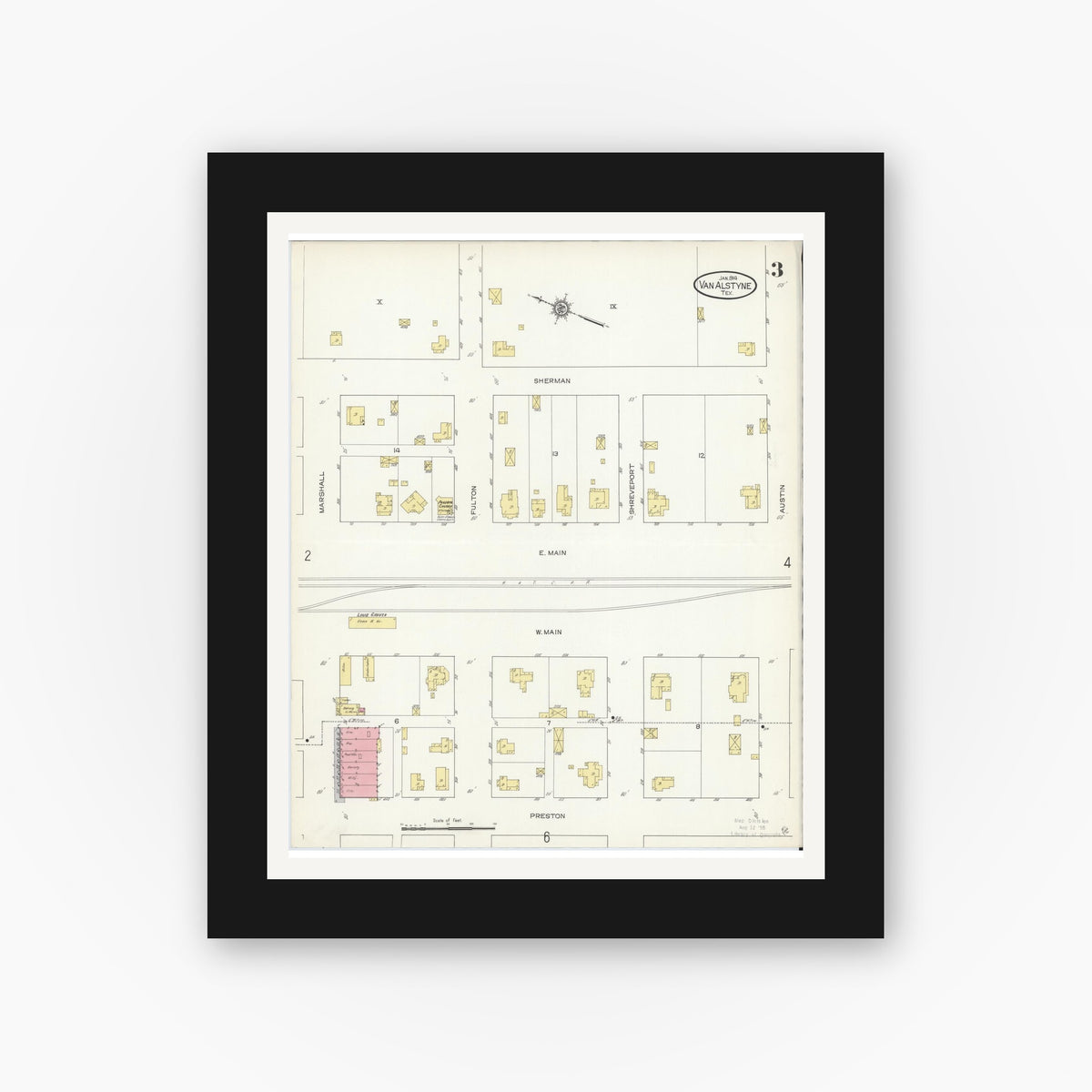 Old map wall art mockup — black gallery frame with white mat — Sanborn Fire Insurance Map from Van Alstyne, Grayson County, Texas (1914), Sheet #0003