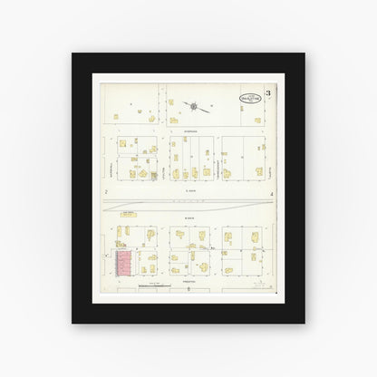 Old map wall art mockup — black gallery frame with white mat — Sanborn Fire Insurance Map from Van Alstyne, Grayson County, Texas (1914), Sheet #0003