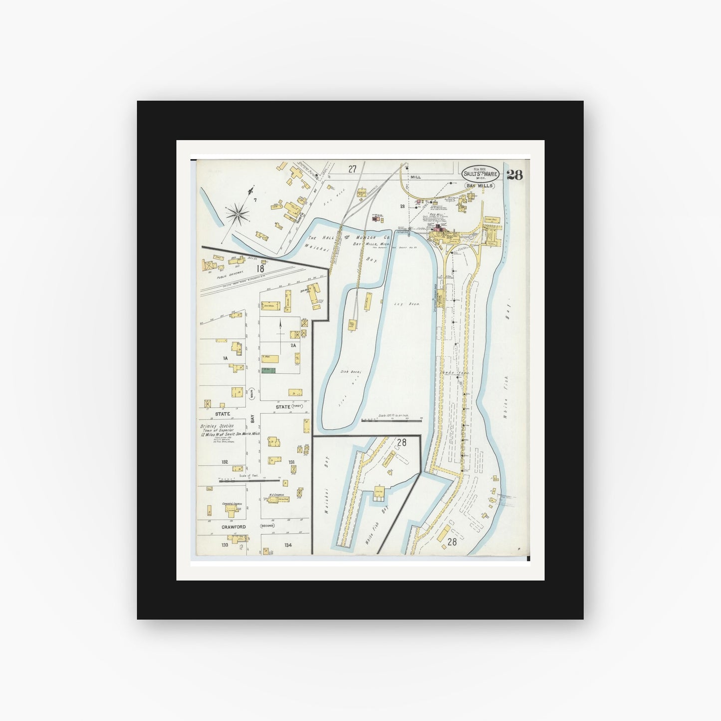 Old map wall art mockup — black gallery frame with white mat — Sanborn Fire Insurance Map from Sault Sainte Marie, Chippewa County, Michigan (1902), Sheet #0028