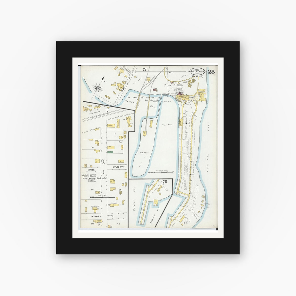 Old map wall art mockup — black gallery frame with white mat — Sanborn Fire Insurance Map from Sault Sainte Marie, Chippewa County, Michigan (1902), Sheet #0028