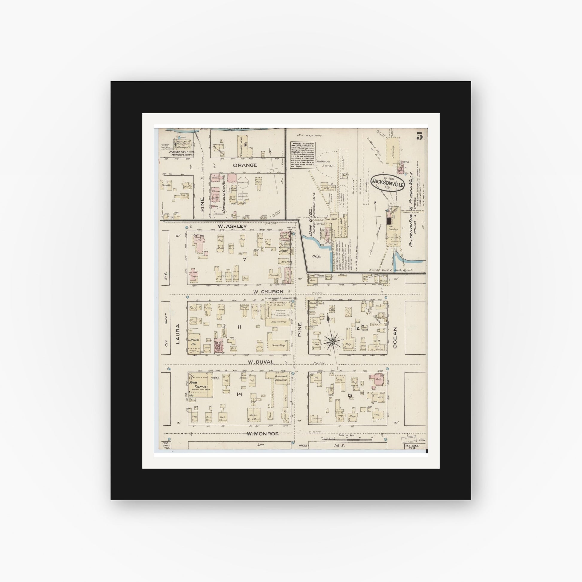 Old map wall art mockup — black gallery frame with white mat — Sanborn Fire Insurance Map from Jacksonville, Duval County, Florida (1884), Sheet #0005