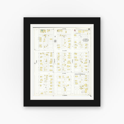 Old map wall art mockup — black gallery frame with white mat — Sanborn Fire Insurance Map from Creston, Union County, Iowa (1899), Sheet #0009