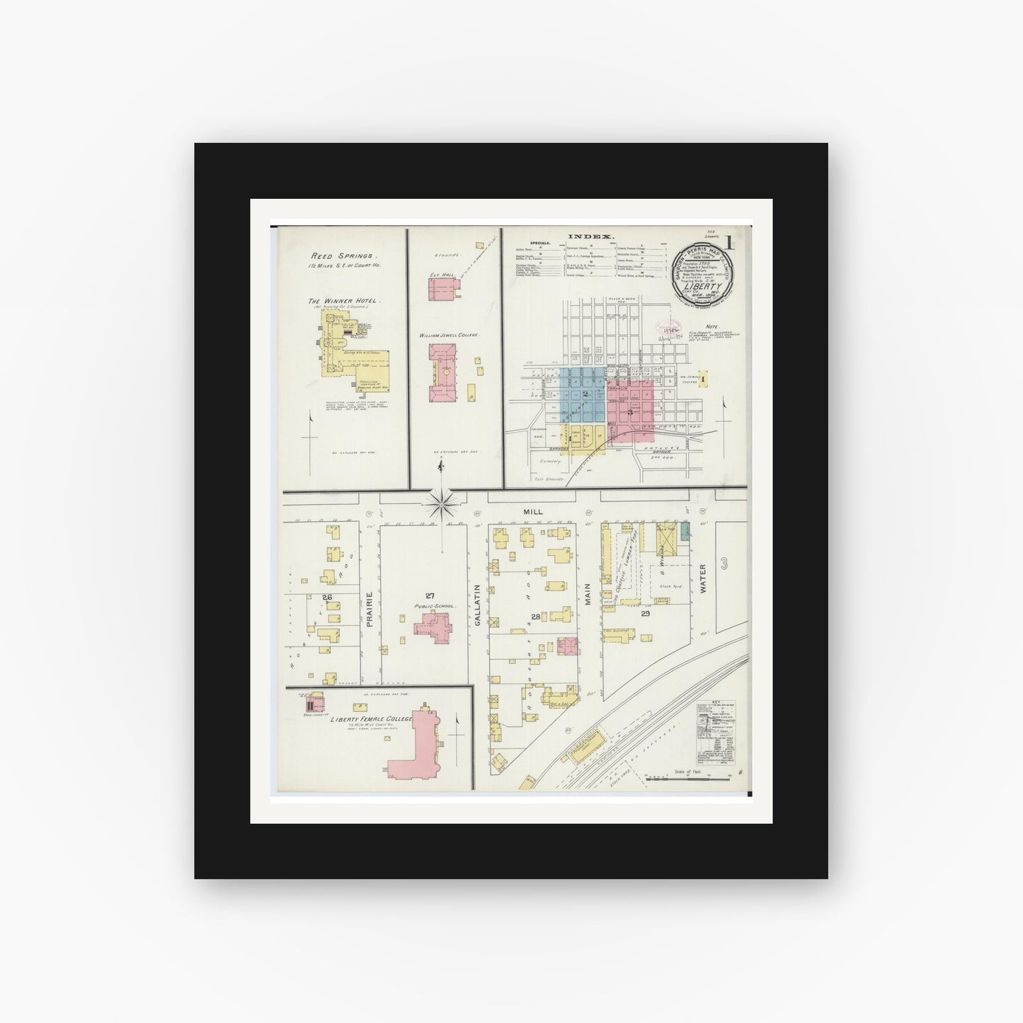 Old map wall art mockup — black gallery frame with white mat — Sanborn Fire Insurance Map from Liberty, Clay County, Missouri (1894) - Complete Map Set