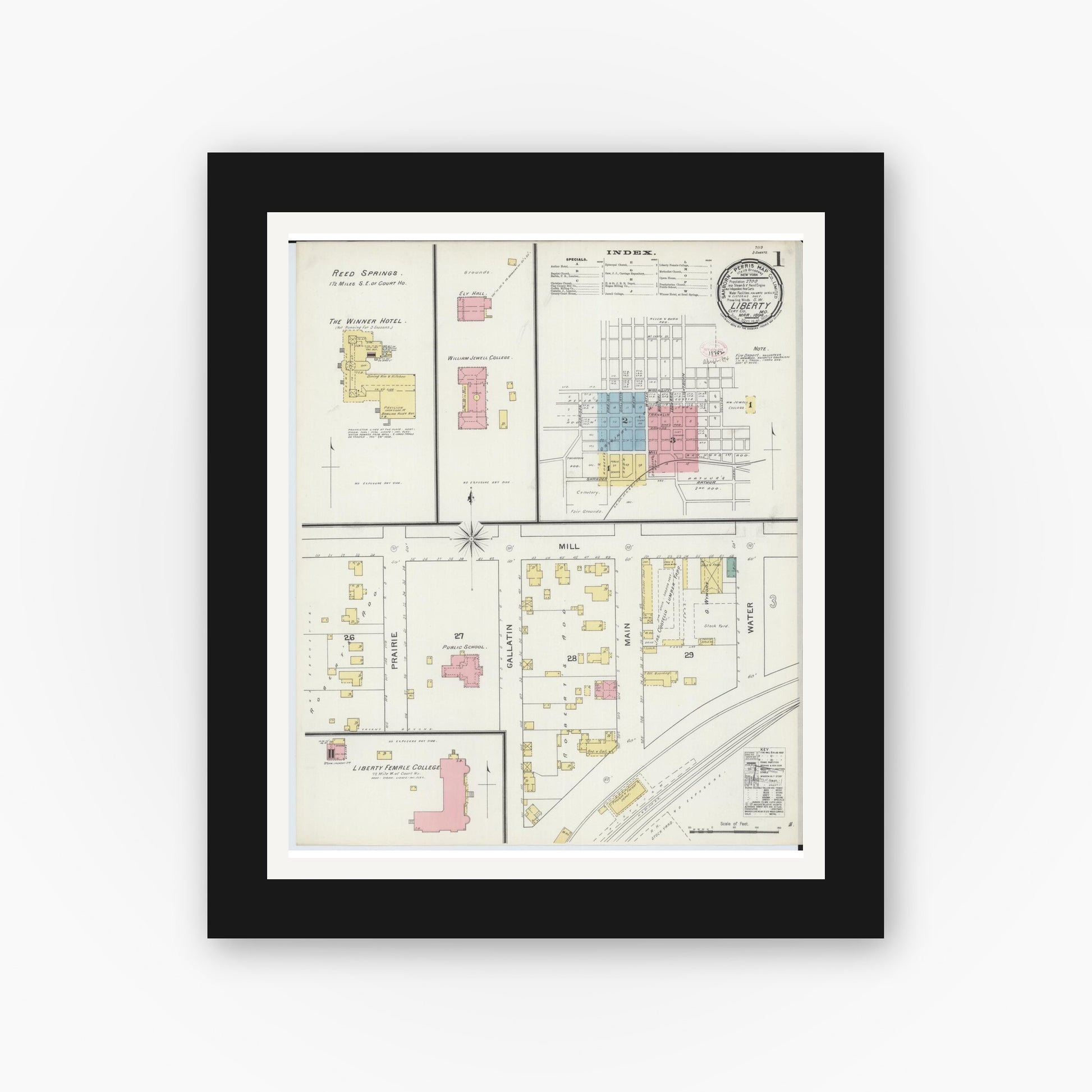 Old map wall art mockup — black gallery frame with white mat — Sanborn Fire Insurance Map from Liberty, Clay County, Missouri (1894) - Complete Map Set