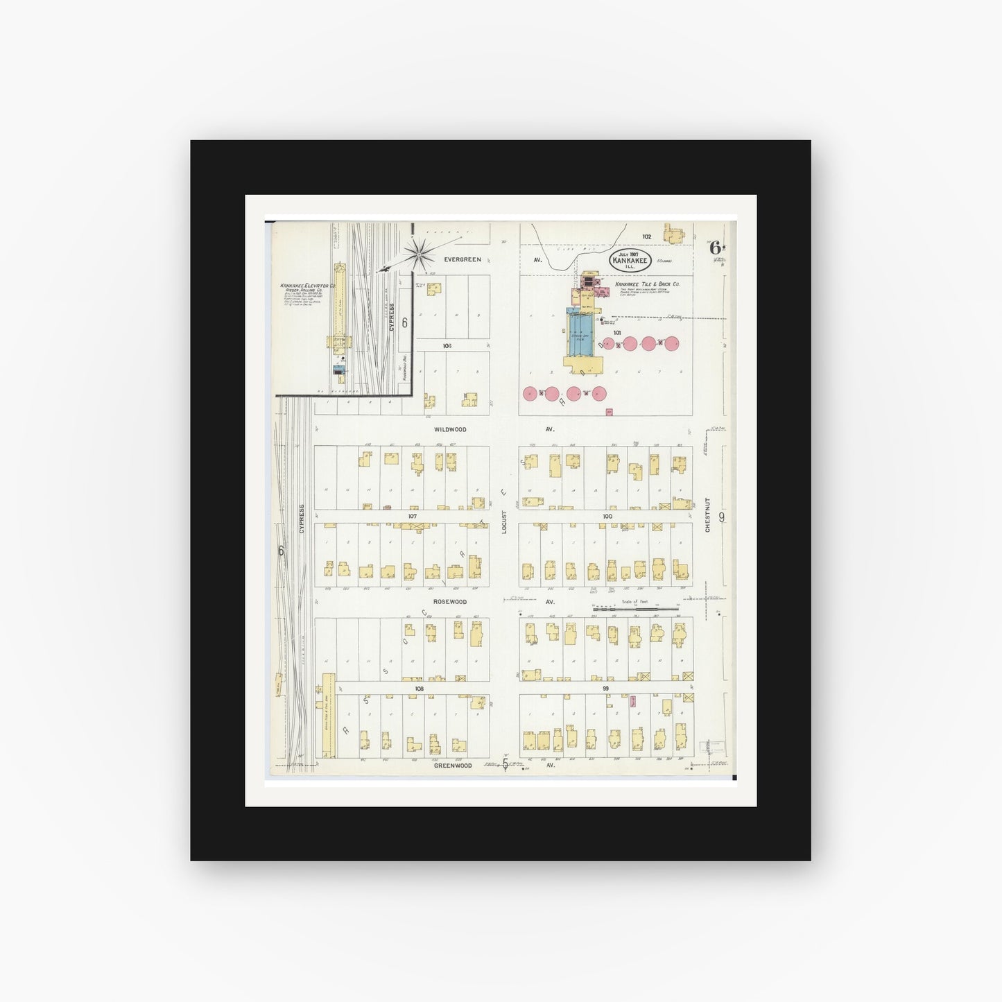 Old map wall art mockup — black gallery frame with white mat — Sanborn Fire Insurance Map from Kankakee, Kankakee County, Illinois (1907), Sheet #0006