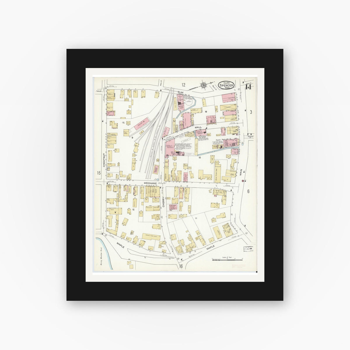 Old map wall art mockup — black gallery frame with white mat — Sanborn Fire Insurance Map from Spencer, Worcester County, Massachusetts (1912), Sheet #0014