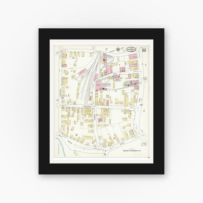 Old map wall art mockup — black gallery frame with white mat — Sanborn Fire Insurance Map from Spencer, Worcester County, Massachusetts (1912), Sheet #0014