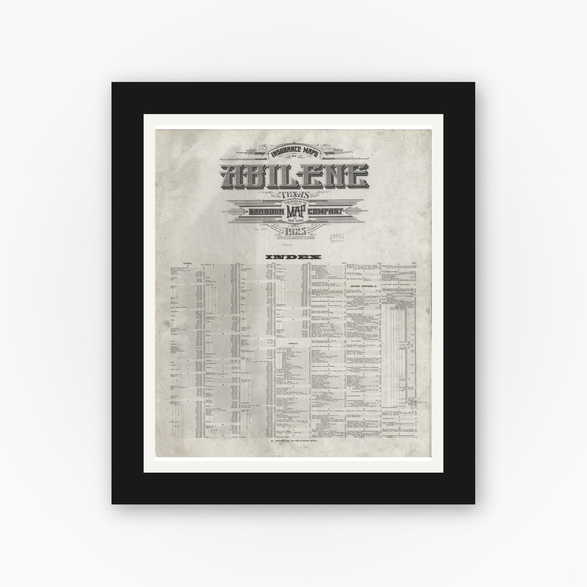 Old map wall art mockup — black gallery frame with white mat — Sanborn Fire Insurance Map from Abilene, Taylor County, Texas (1925), Sheet #0001