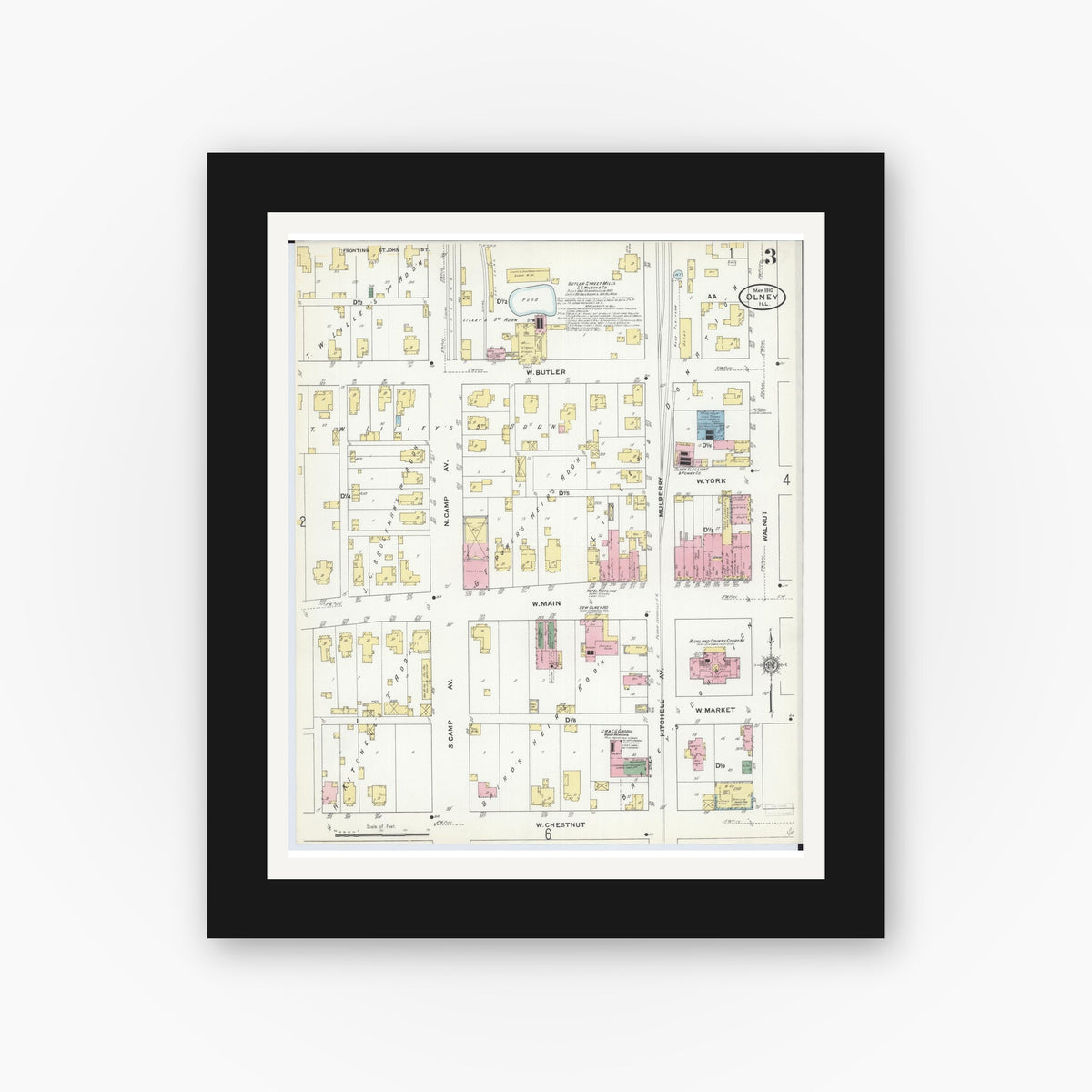 Old map wall art mockup — black gallery frame with white mat — Sanborn Fire Insurance Map from Olney, Richland County, Illinois (1910), Sheet #0003