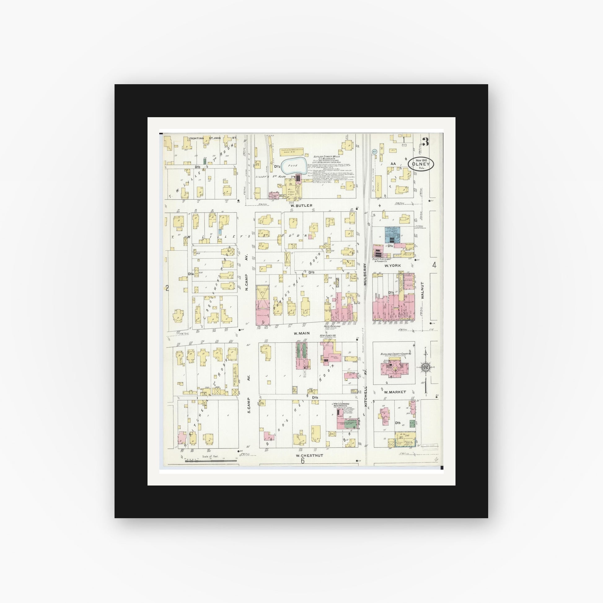 Old map wall art mockup — black gallery frame with white mat — Sanborn Fire Insurance Map from Olney, Richland County, Illinois (1910), Sheet #0003