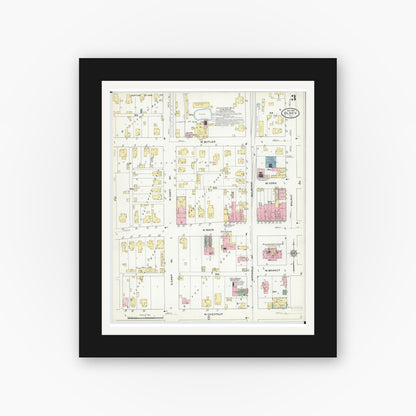 Old map wall art mockup — black gallery frame with white mat — Sanborn Fire Insurance Map from Olney, Richland County, Illinois (1910), Sheet #0003