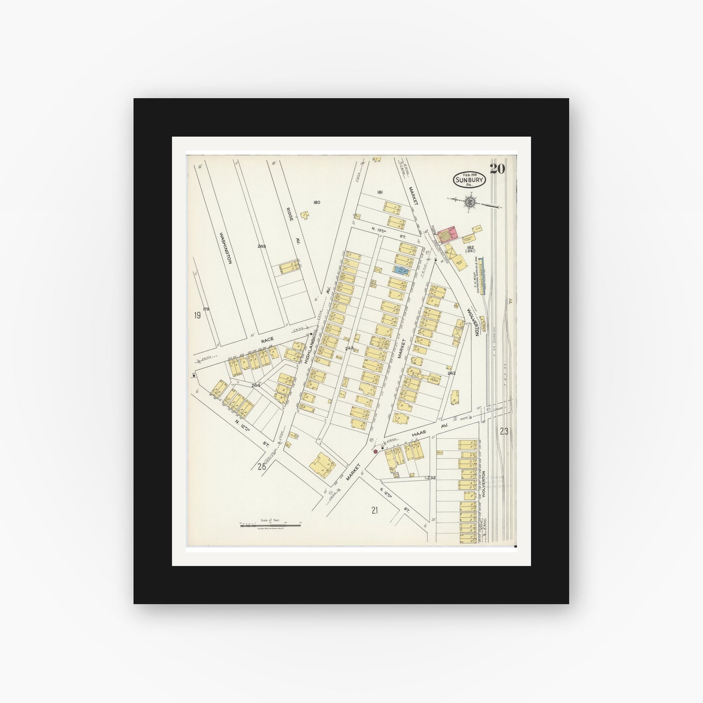 Old map wall art mockup — black gallery frame with white mat — Sanborn Fire Insurance Map from Sunbury, Northumberland County, Pennsylvania (1918), Sheet #0020