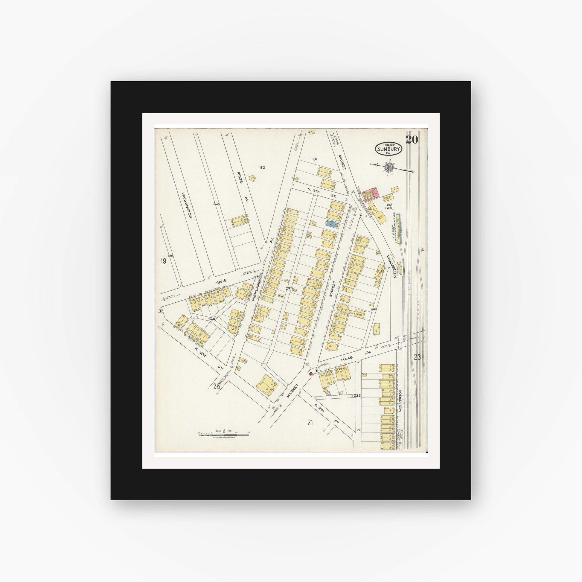 Old map wall art mockup — black gallery frame with white mat — Sanborn Fire Insurance Map from Sunbury, Northumberland County, Pennsylvania (1918), Sheet #0020