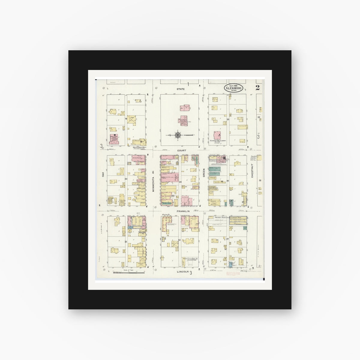 Old map wall art mockup — black gallery frame with white mat — Sanborn Fire Insurance Map from Glenwood, Pope County, Minnesota (1909), Sheet #0002