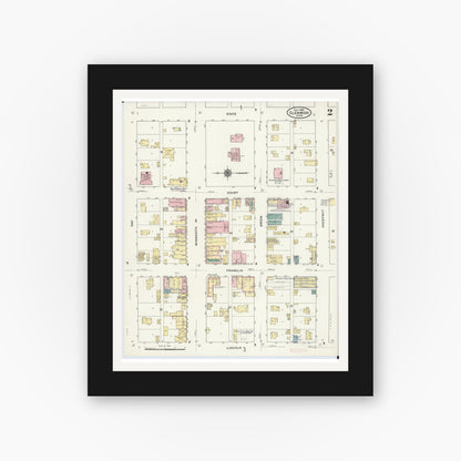 Old map wall art mockup — black gallery frame with white mat — Sanborn Fire Insurance Map from Glenwood, Pope County, Minnesota (1909), Sheet #0002
