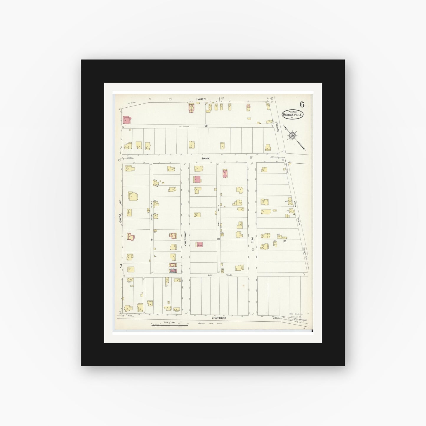 Old map wall art mockup — black gallery frame with white mat — Sanborn Fire Insurance Map from Bridgeville, Allegheny County, Pennsylvania (1913), Sheet #0006