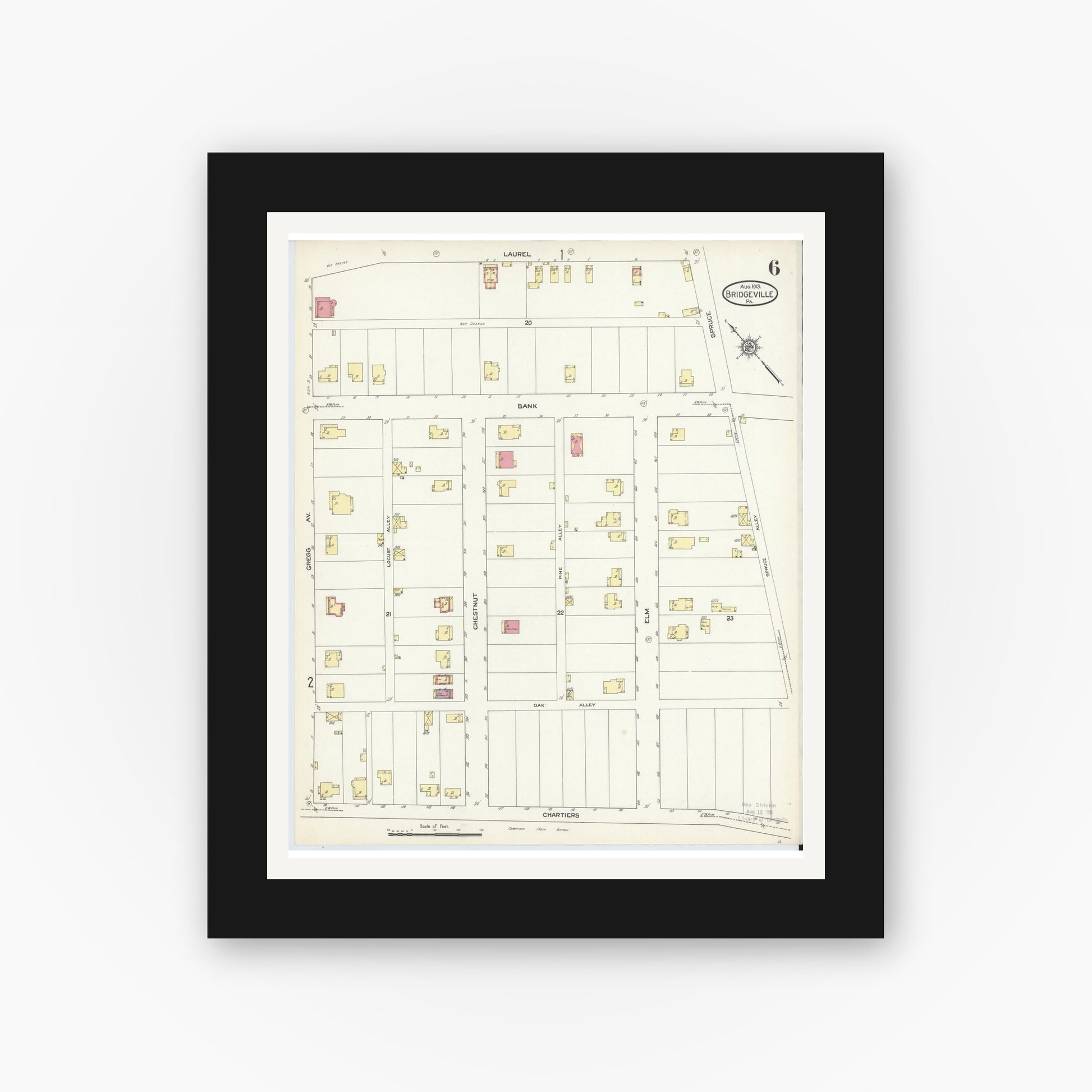 Old map wall art mockup — black gallery frame with white mat — Sanborn Fire Insurance Map from Bridgeville, Allegheny County, Pennsylvania (1913), Sheet #0006