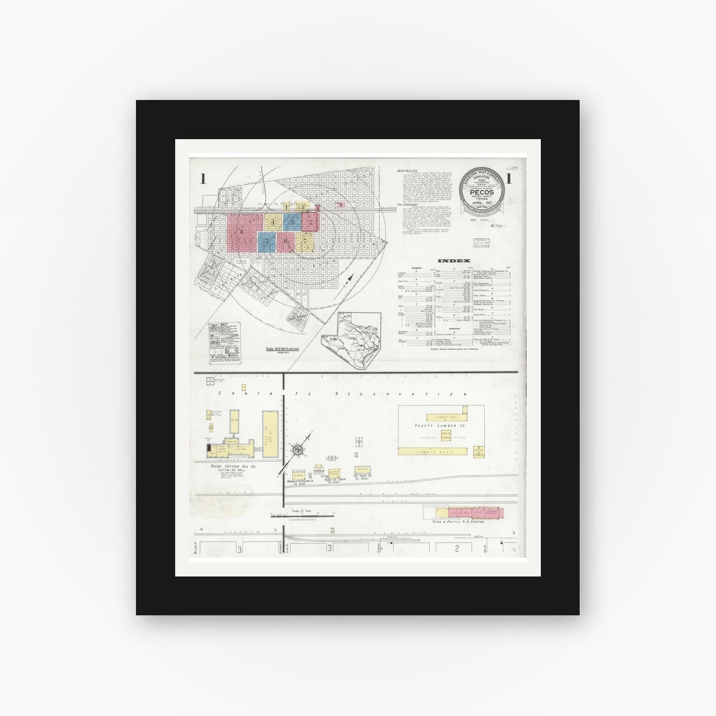 Old map wall art mockup — black gallery frame with white mat — Sanborn Fire Insurance Map from Pecos, Reeves County, Texas (1927), Sheet #0001