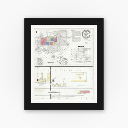Old map wall art mockup — black gallery frame with white mat — Sanborn Fire Insurance Map from Pecos, Reeves County, Texas (1927), Sheet #0001