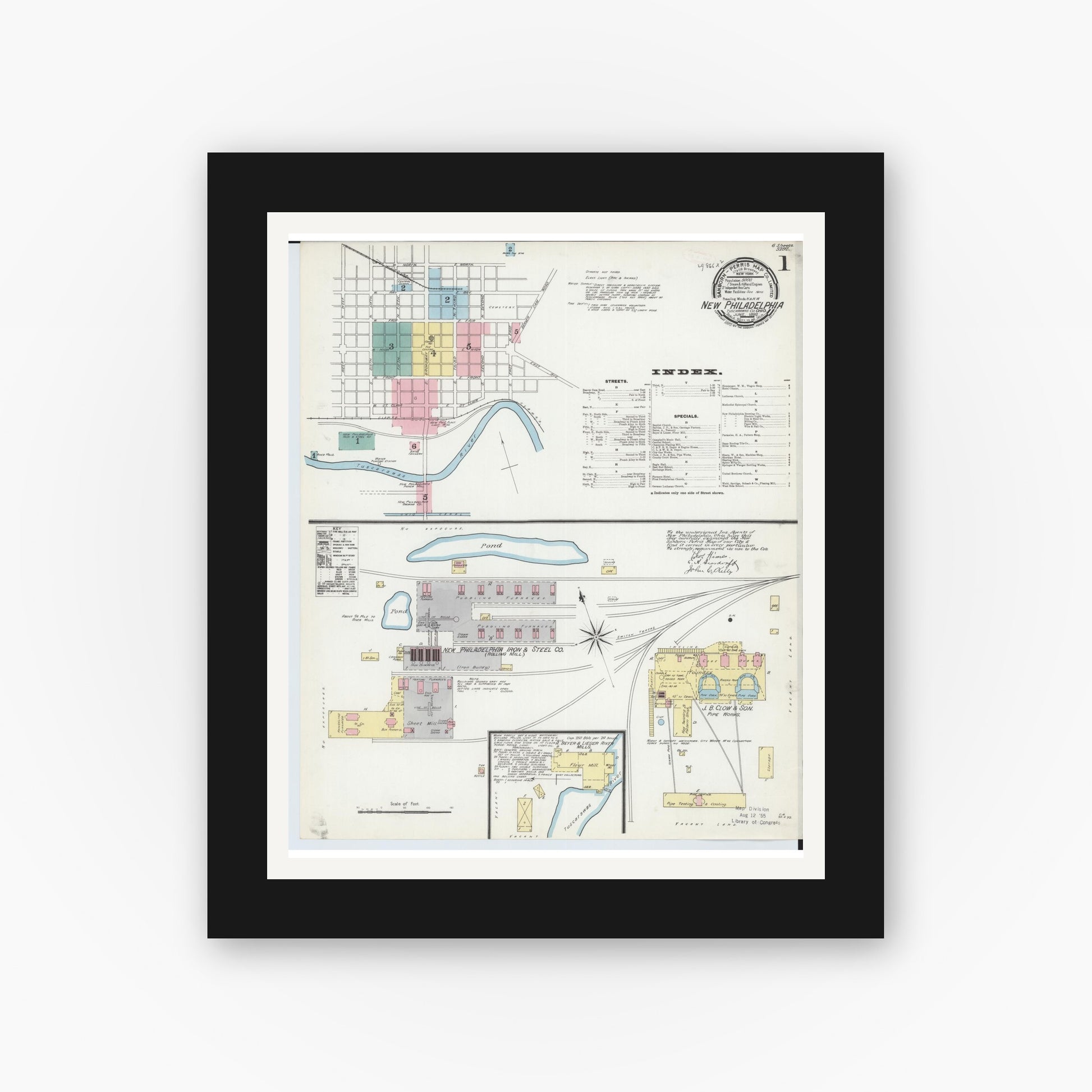 Old map wall art mockup — black gallery frame with white mat — Sanborn Fire Insurance Map from New Philadelphia, Tuscarawas County, Ohio (1892), Sheet #0001