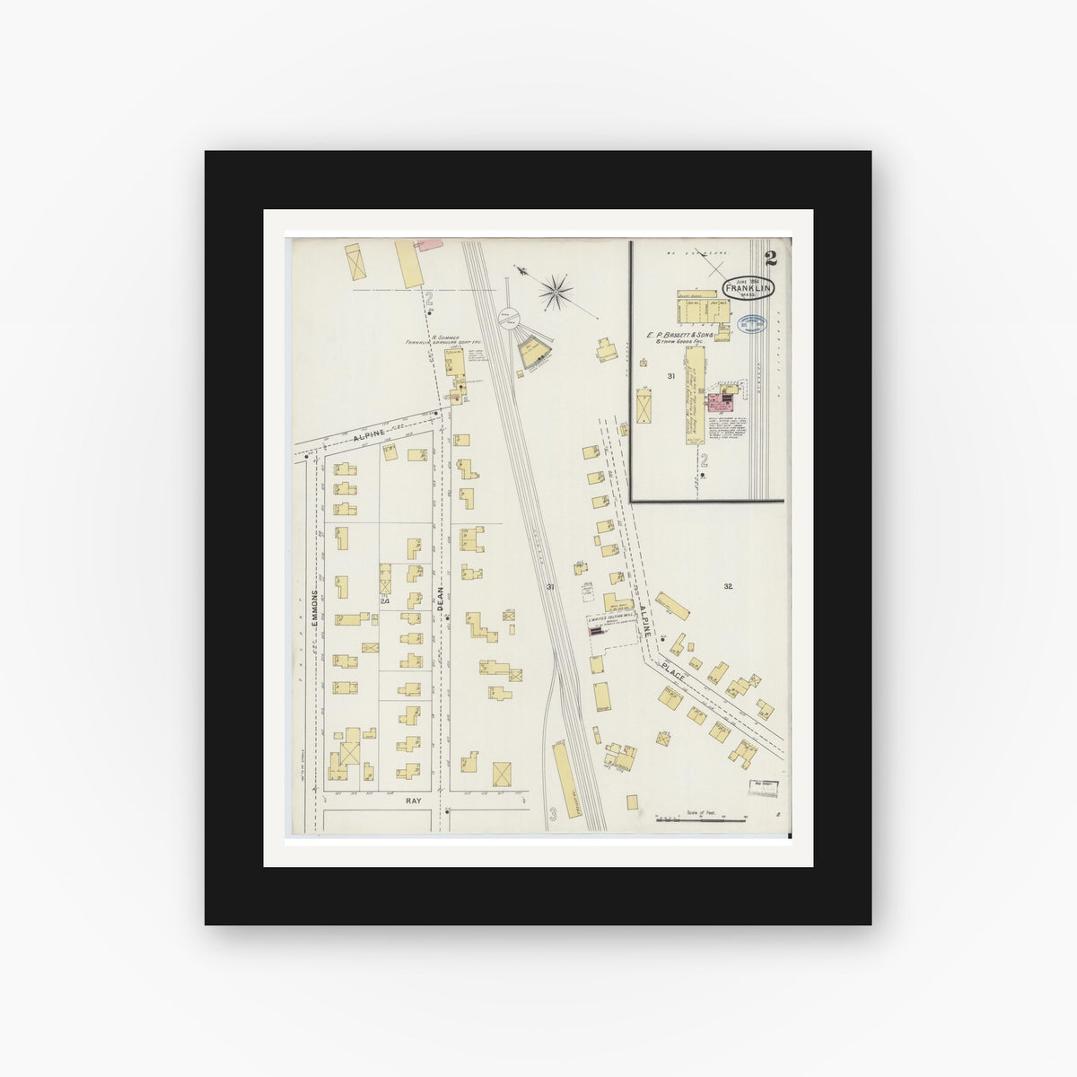 Old map wall art mockup — black gallery frame with white mat — Sanborn Fire Insurance Map from Franklin, Norfolk County, Massachusetts (1894), Sheet #0002